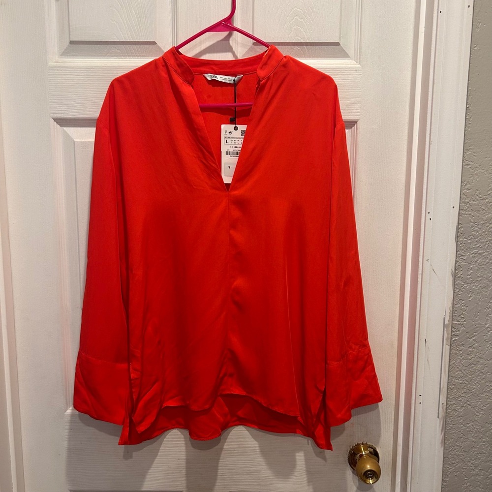 NWT Zara Orange Long Sleeve V Neck Blouse Top Womens Large V Neck Lyocell Blend